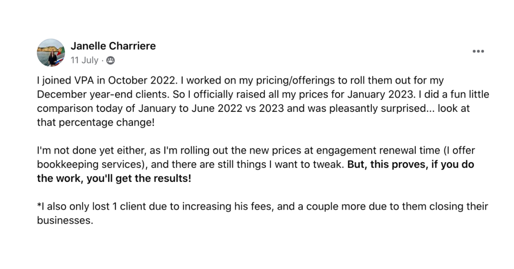 Re-Pricing Clients success story — Janelle Charriere