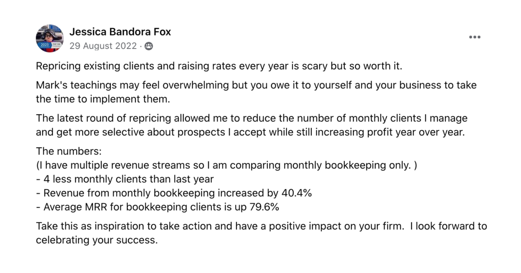 Re-Pricing Clients success story — Jessica Fox